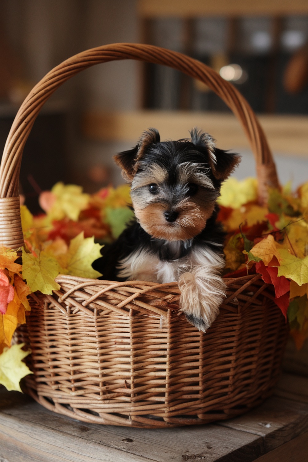 Yorkie Poo puppy in a basket surrounded by autumn leaves