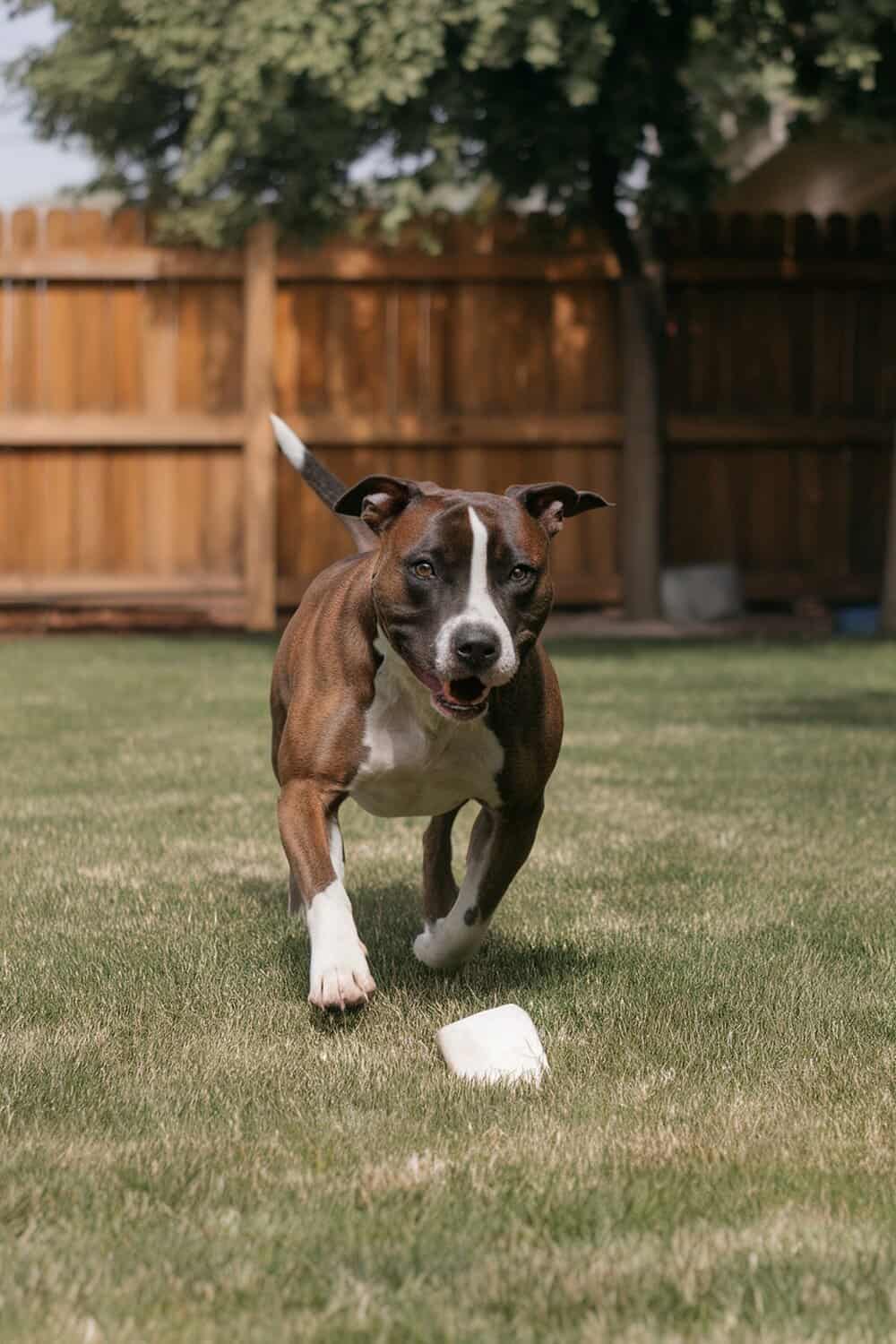 A Staffordshire Bull Terrier mix running happily in a grassy yard.