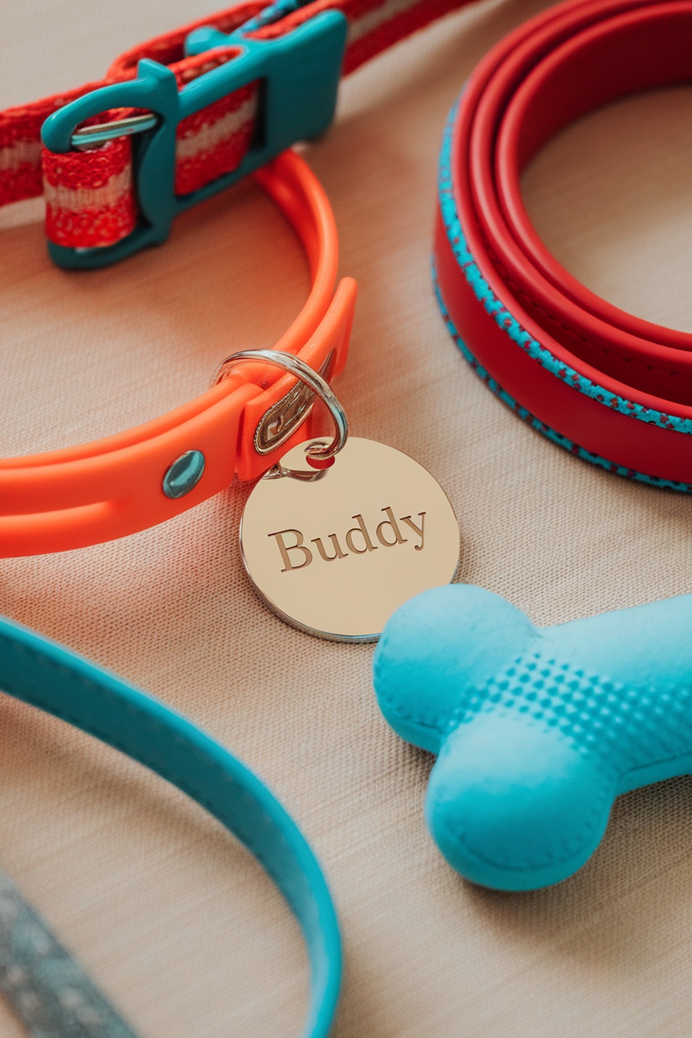 A close-up of colorful dog collars with a personalized dog tag that reads 'Buddy'.