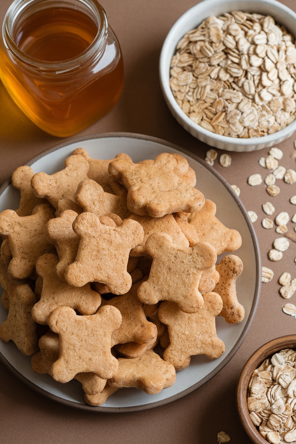 A plate of homemade honey and oat dog treats shaped like bones, with a jar of honey and a bowl of oats in the background.