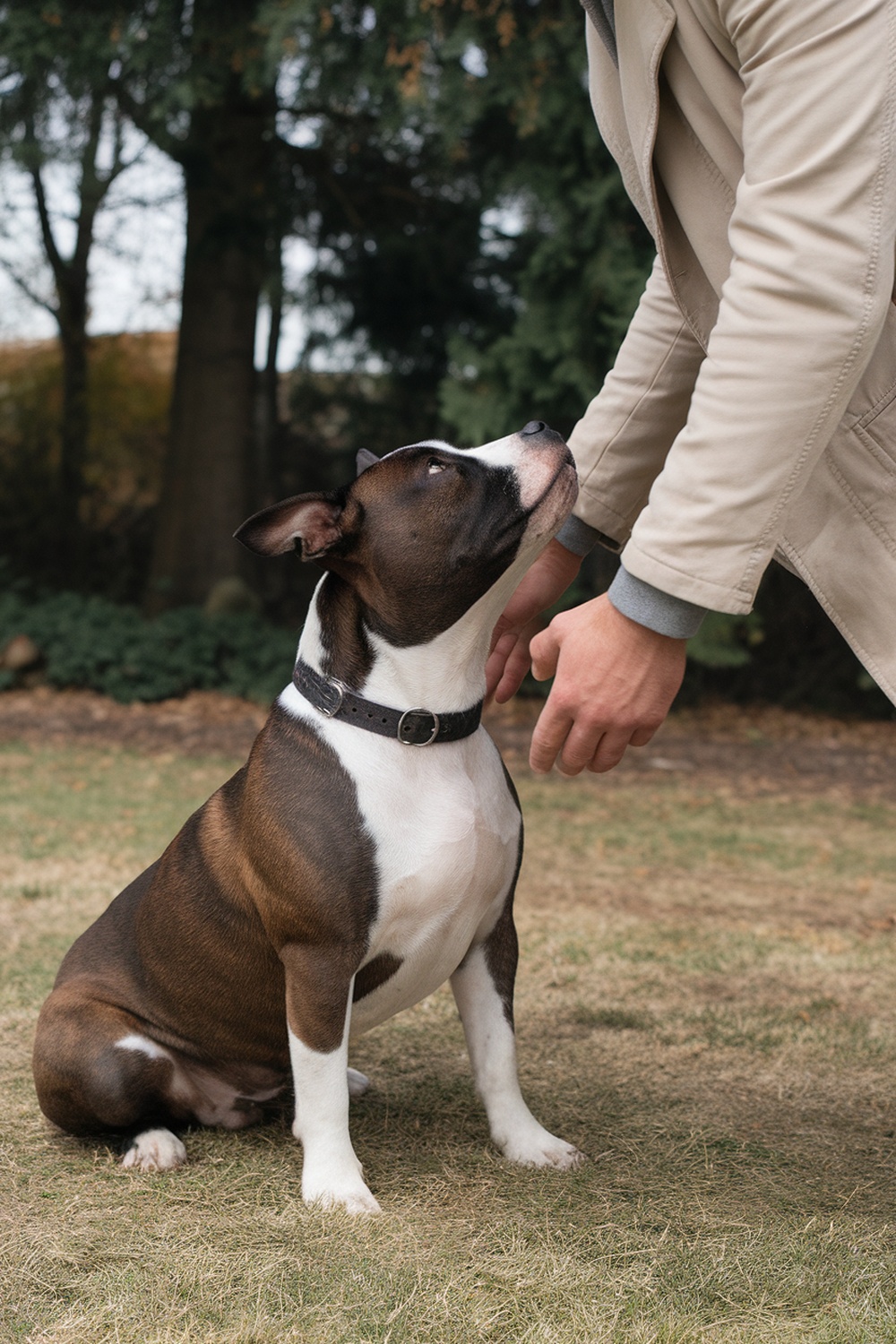 A Staffordshire Bull Terrier looking up at its owner, showcasing their bond.