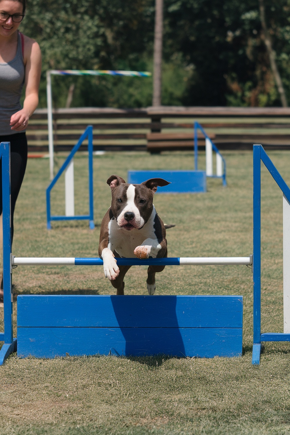 A Pitbull jumping over an obstacle during training.