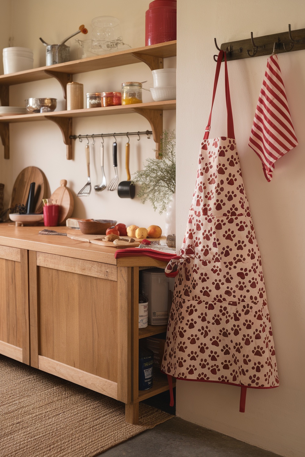 A paw print holiday baking apron hanging in a cozy kitchen.
