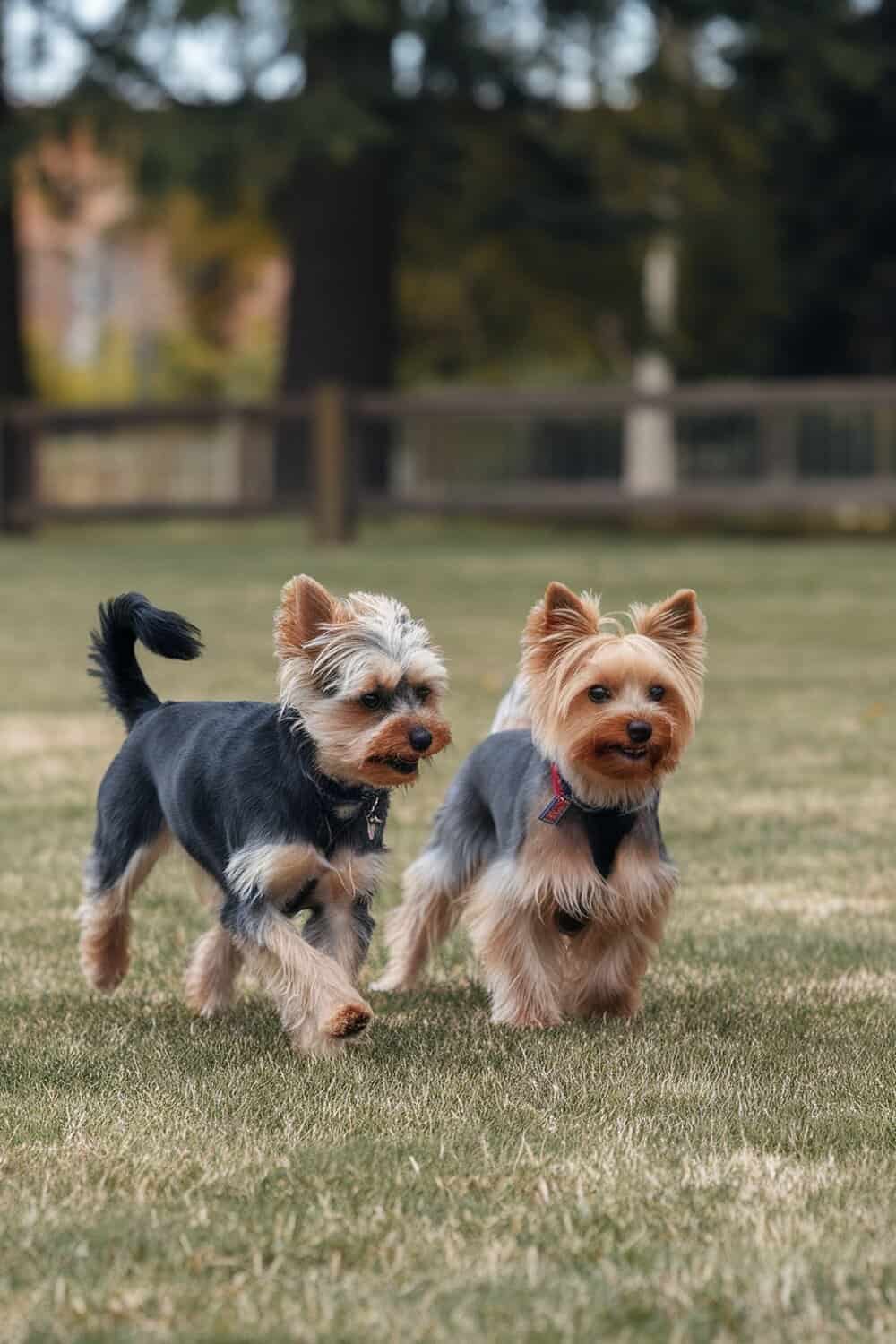 Two Yorkies running in a grassy area, showcasing their playful nature.