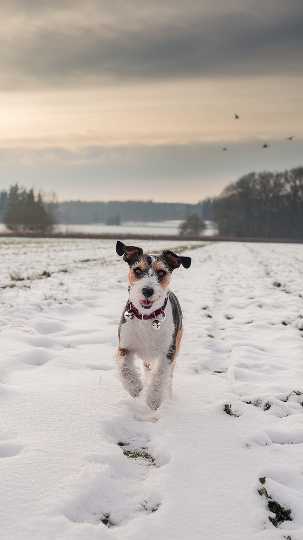 A terrier dog wearing a festive Jingle Bells costume in a snowy landscape.