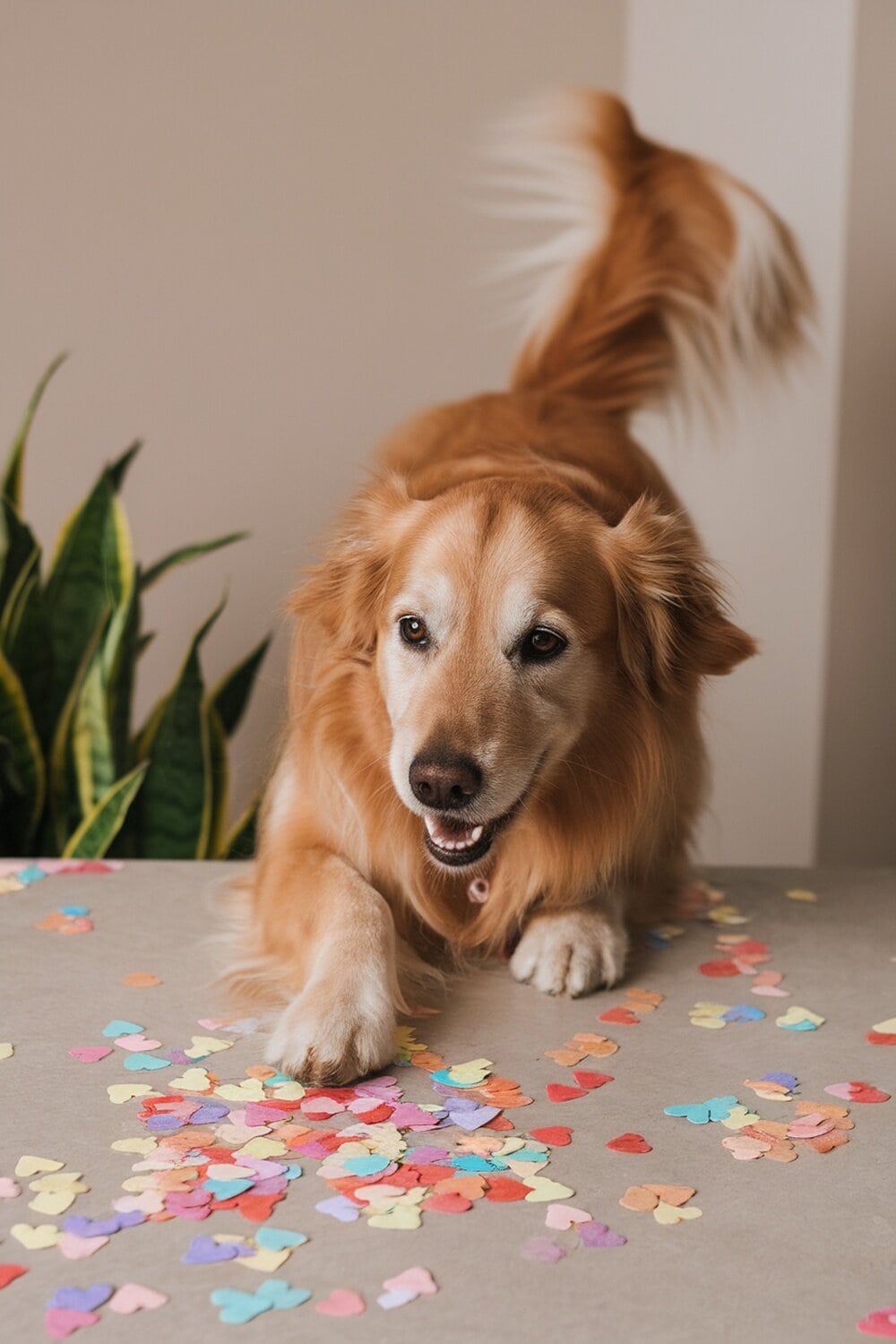 A golden retriever playing with colorful biodegradable confetti on a table.