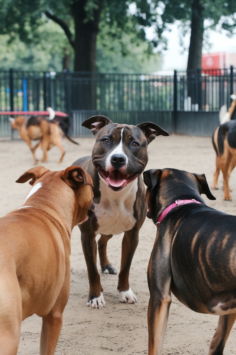 A group of Staffordshire Bull Terriers playing together in a park.
