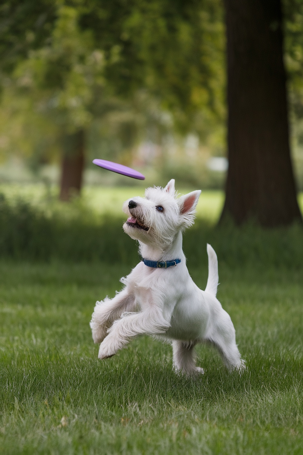 A Westie puppy jumping to catch a frisbee in a grassy field.