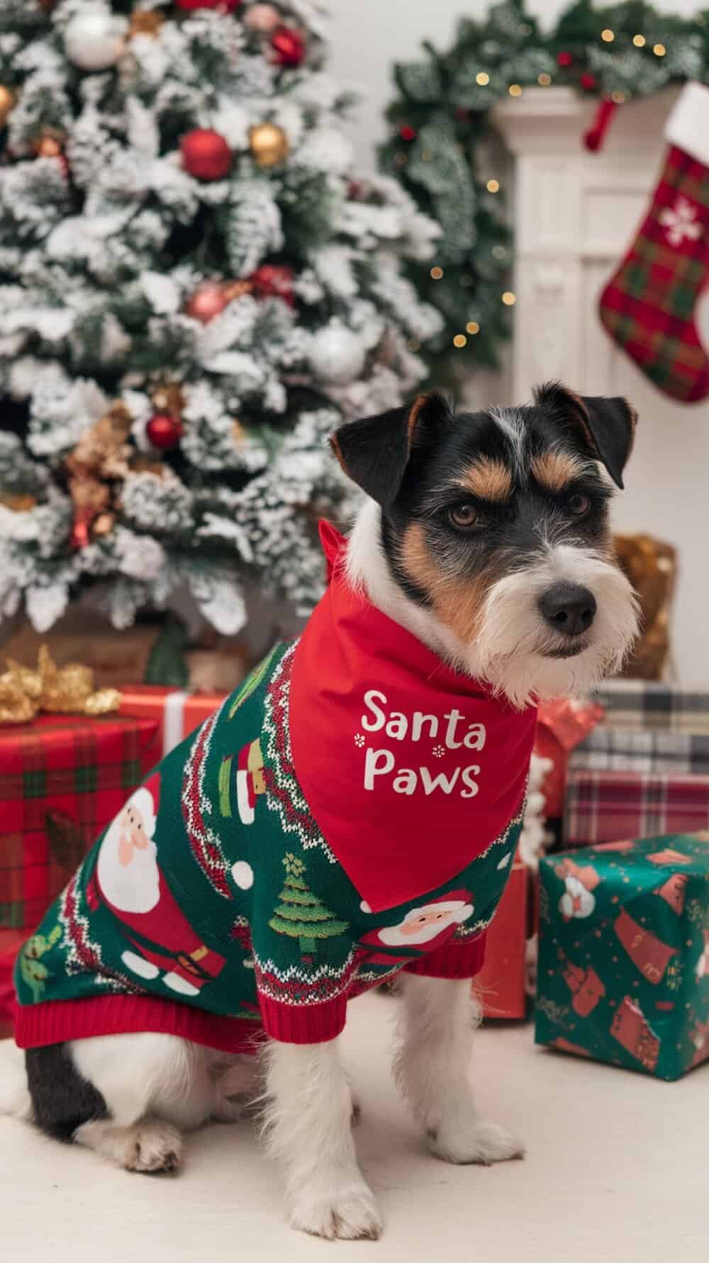A terrier dog wearing a Santa Paws bandana in front of a Christmas tree and presents.