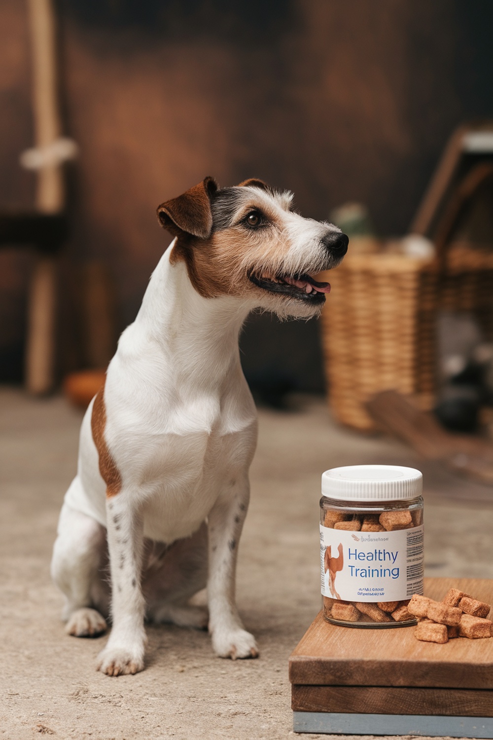A happy Terrier sitting beside a jar of healthy training treats.