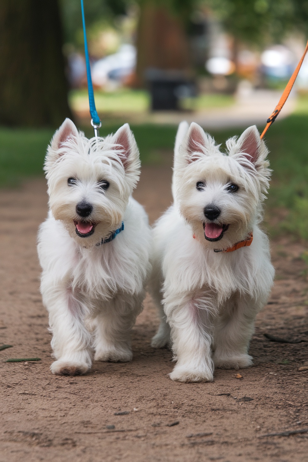 Two adorable Westie puppies walking on a leash