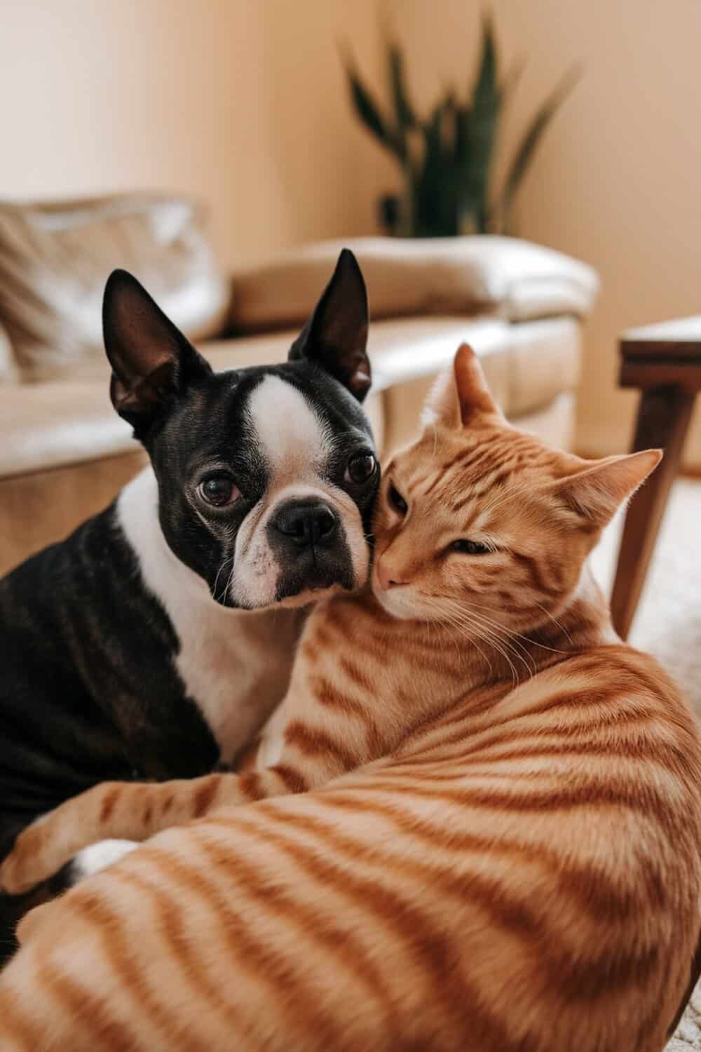 A Boston Terrier snuggling with an orange tabby cat.