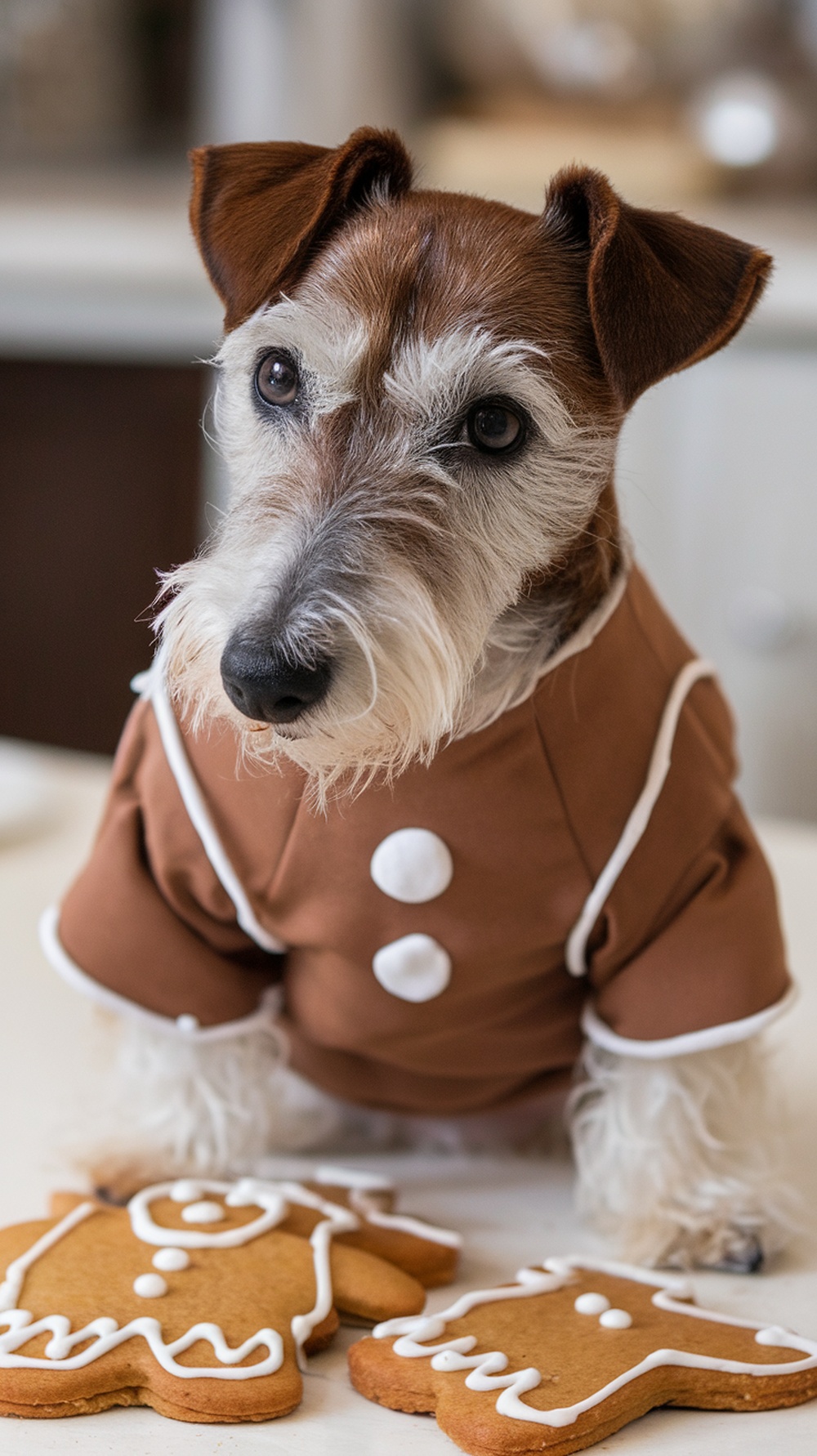 A terrier dog wearing a gingerbread man costume with gingerbread cookies nearby.