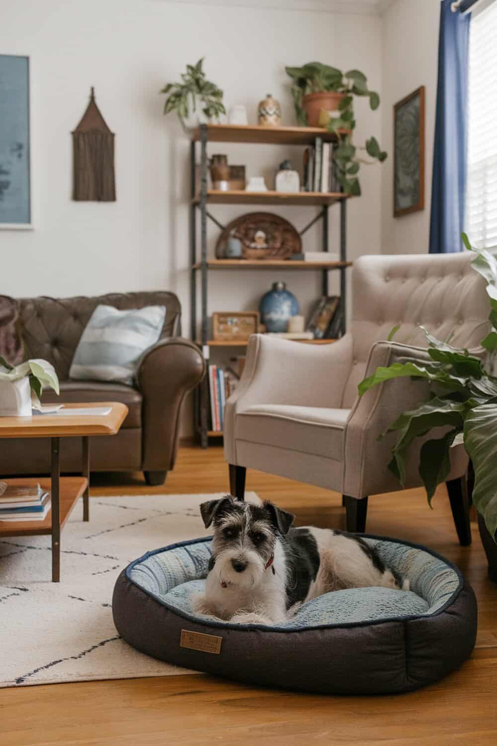 A terrier mix dog resting in a cozy bed in a well-decorated living room.