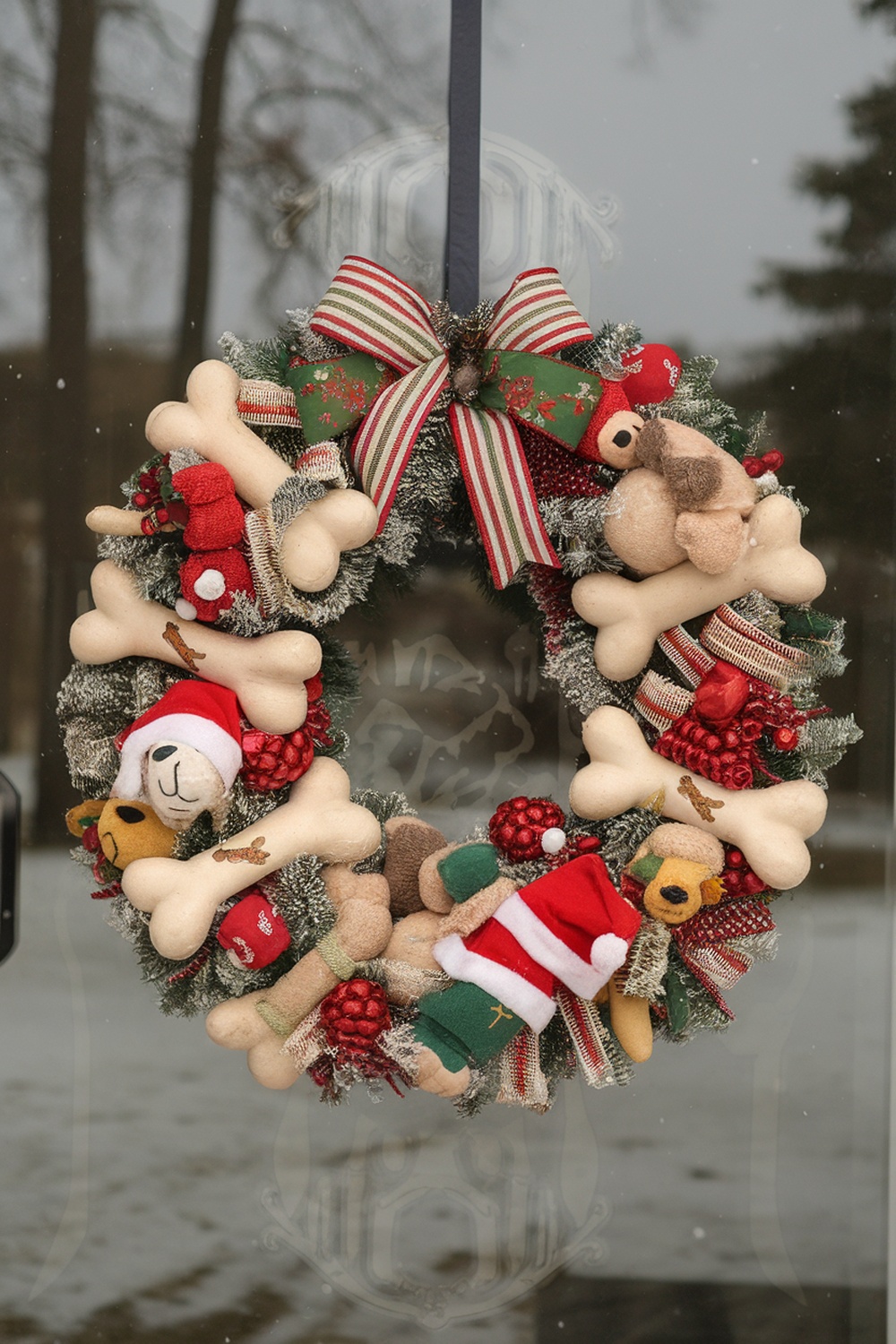 A festive holiday wreath decorated with plush dog toys and bones, featuring red and green colors.