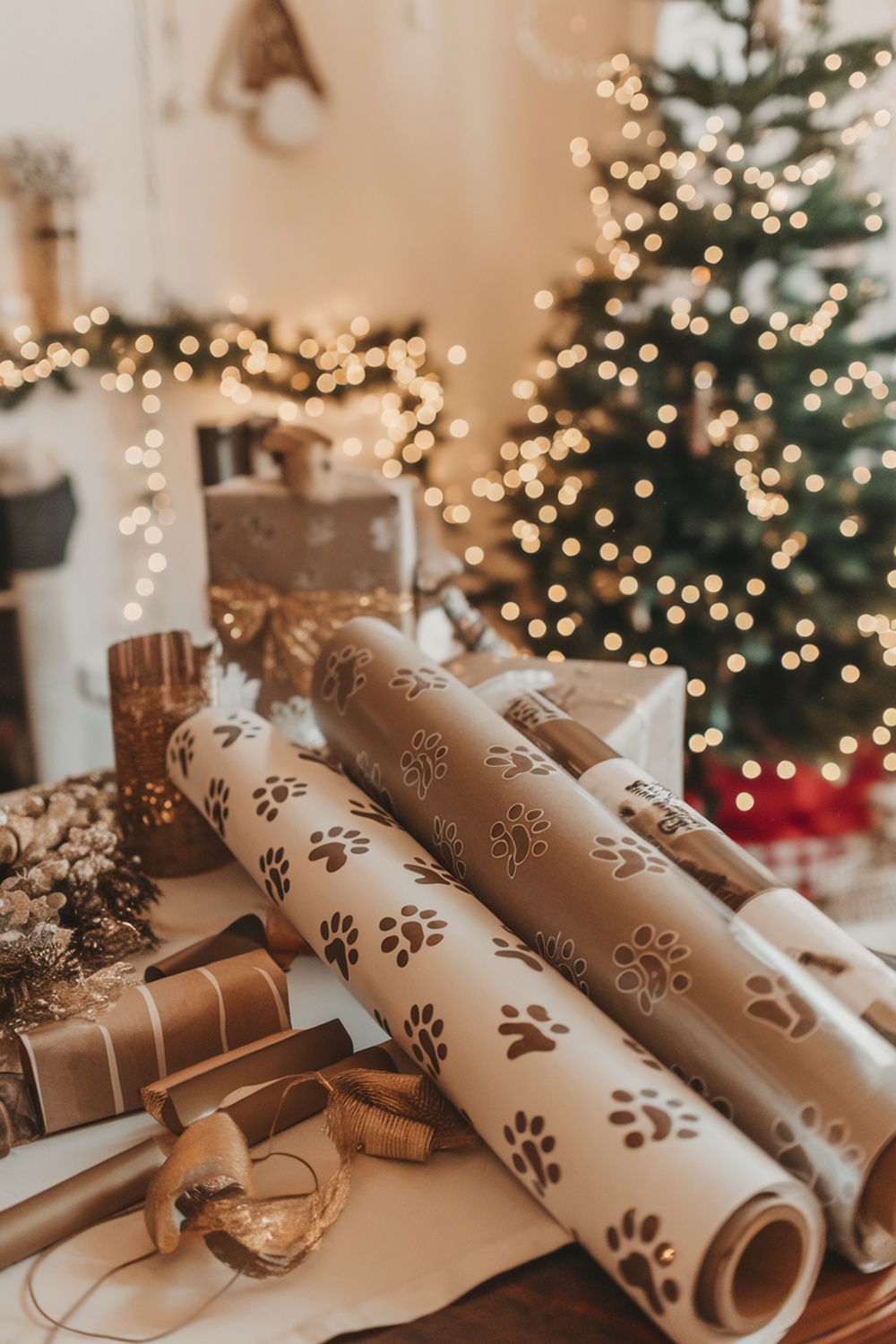 Paw print wrapping paper rolls on a table with Christmas decorations in the background.