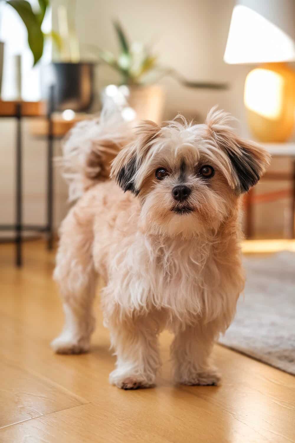 A cute Shih Tzu Terrier mix standing indoors with a playful expression.
