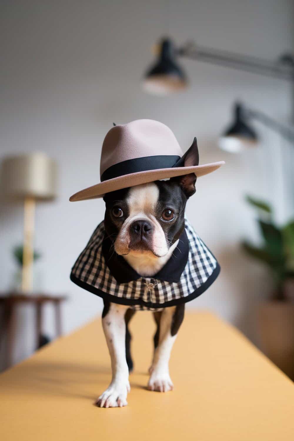 A Boston Terrier dressed in a stylish hat and a checkered cape, walking confidently on a table.