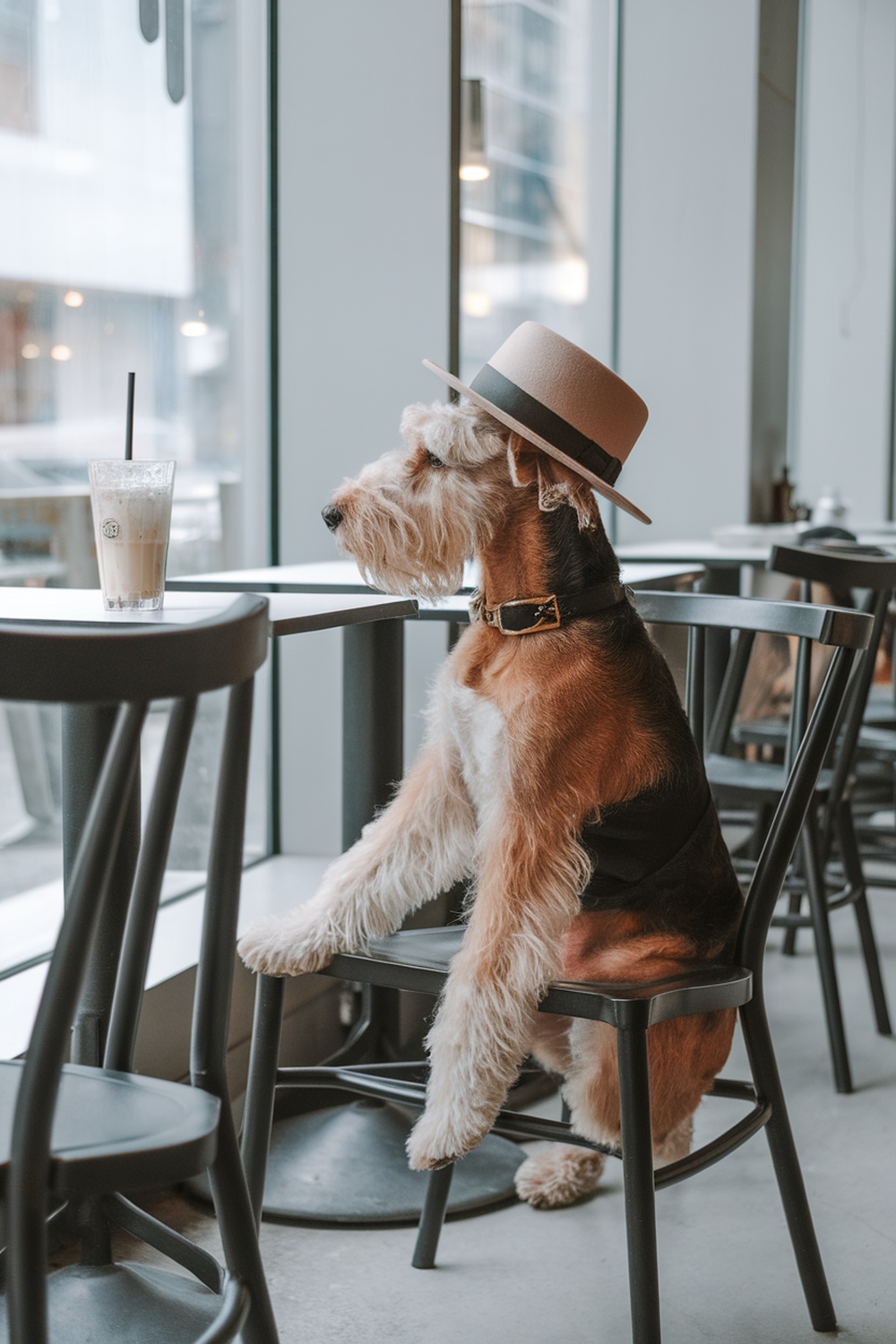 Airedale Terrier sitting at a café with a half-up hairstyle and a hat.