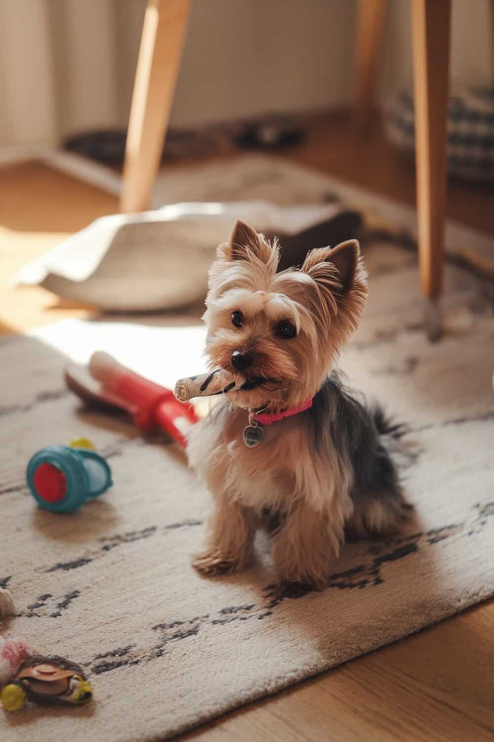 A female Yorkie sitting on a rug with a toy in her mouth, surrounded by other toys.