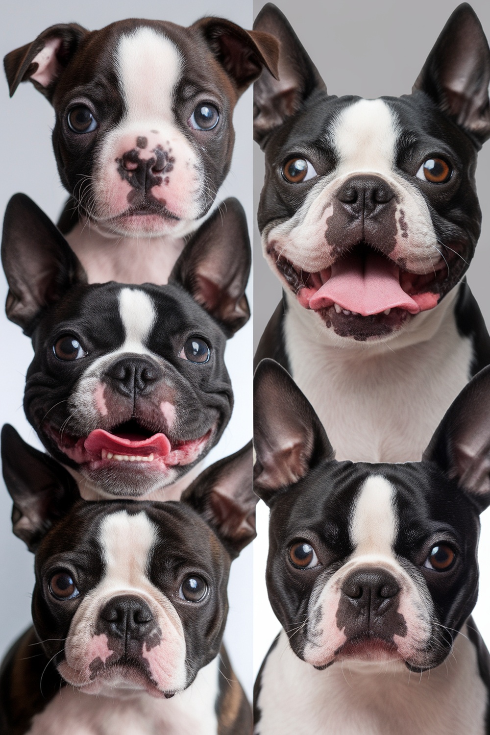 A collage of Boston Terriers showing various adorable expressions.