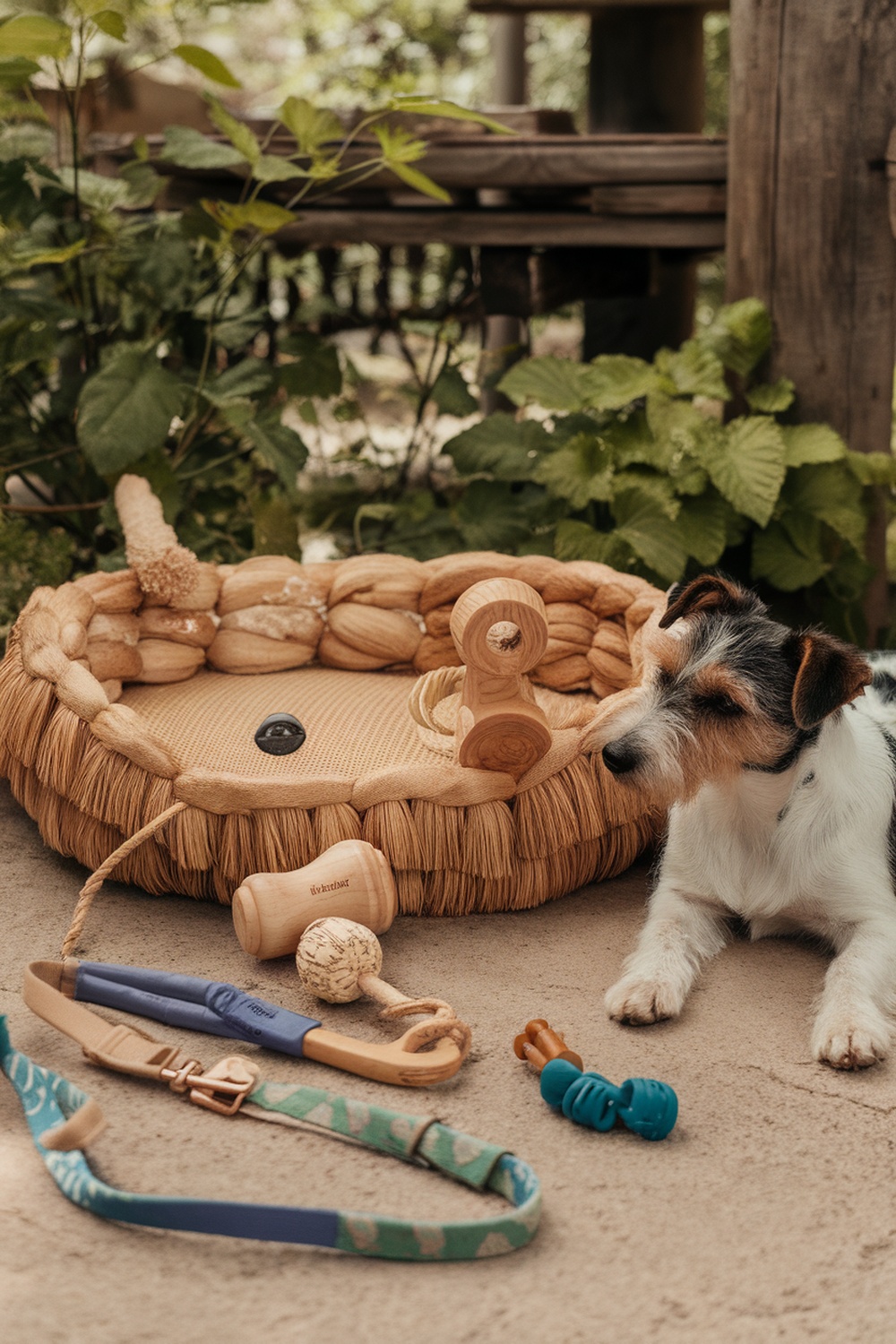 A Terrier dog sitting next to eco-friendly dog products including a bed, toys, and leashes.