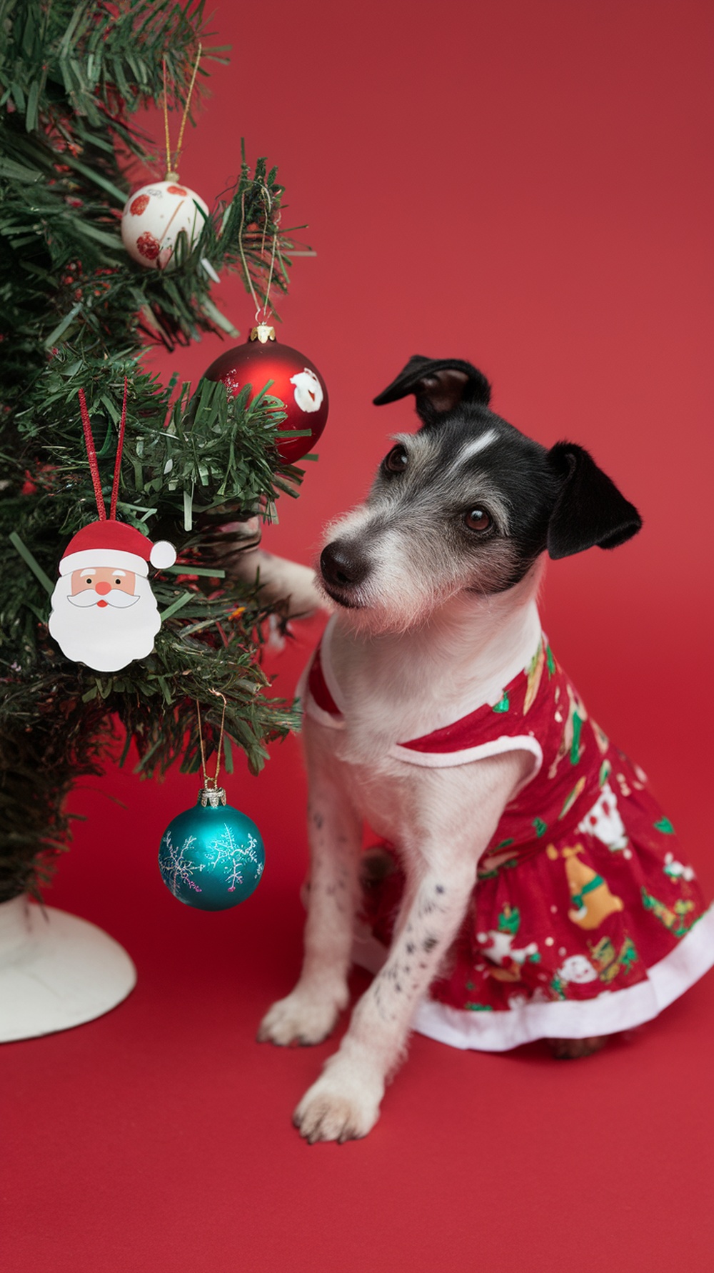 A terrier dog wearing a festive red dress with Christmas decorations.