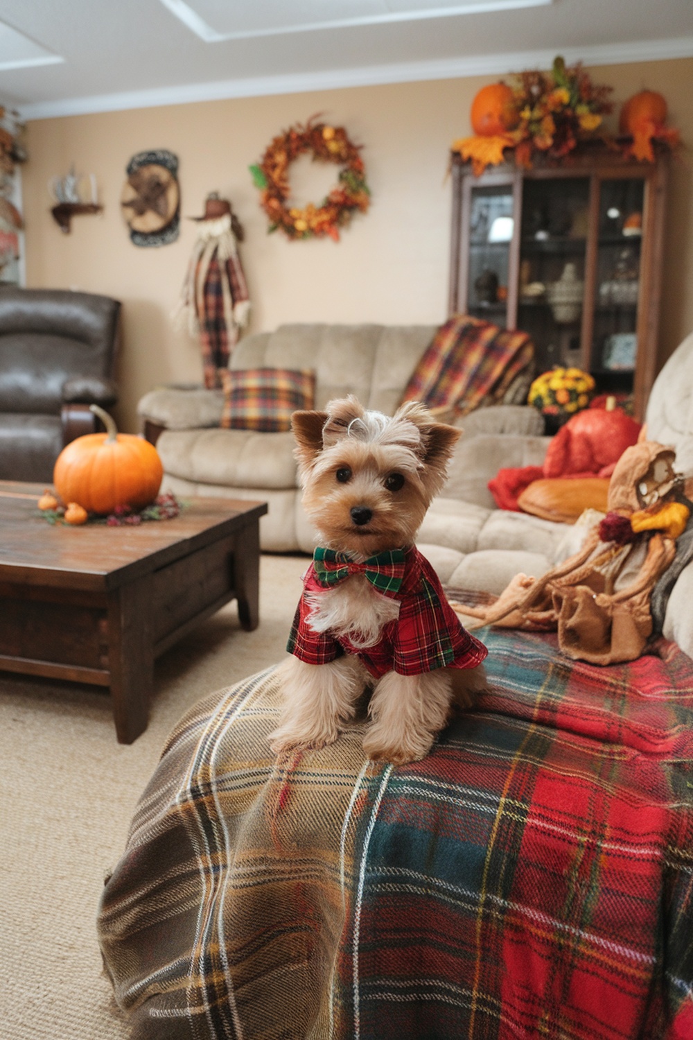 A Yorkie Poo puppy wearing a festive bowtie, sitting on a cozy blanket with autumn decorations and a pumpkin.
