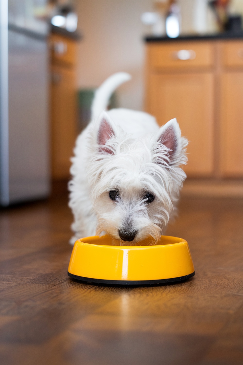 A Westie puppy drinking from a yellow water bowl in a cozy kitchen.
