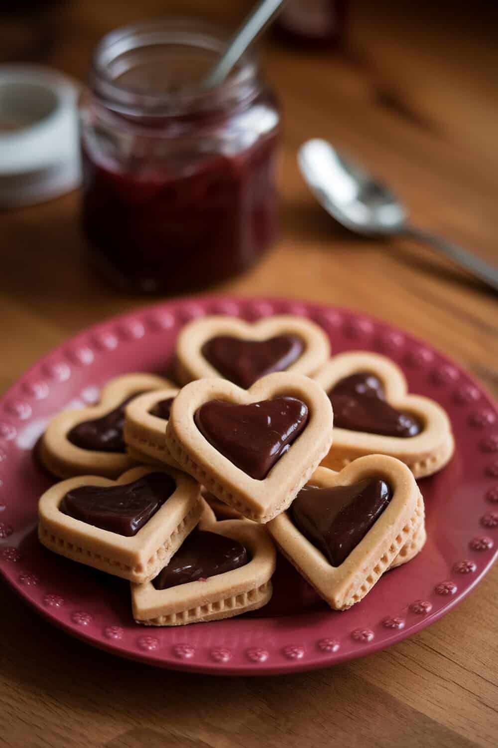 Homemade peanut butter and jelly dog treats shaped like hearts on a pink plate.