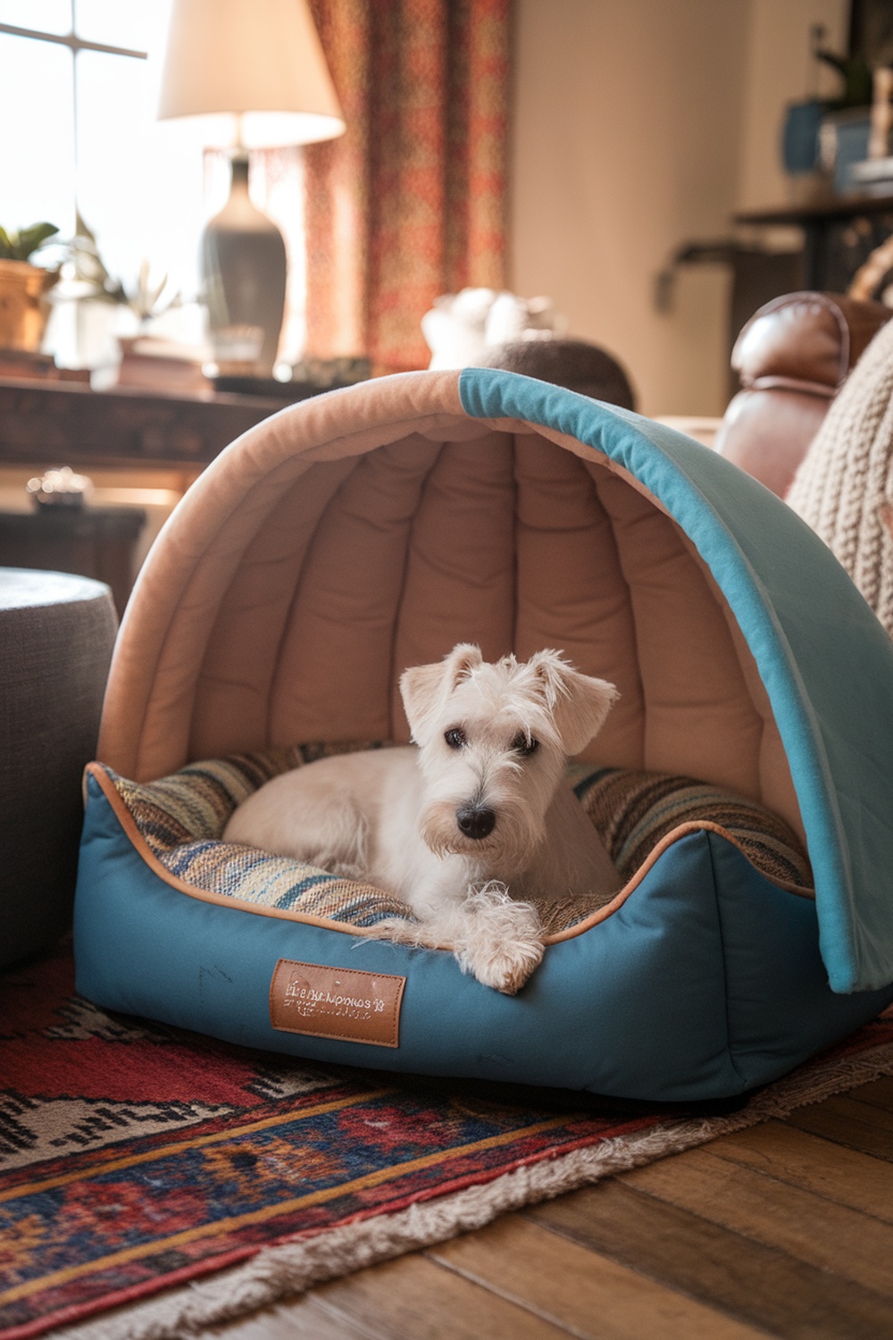 A small white terrier relaxing in a cozy dog bed with a colorful interior.