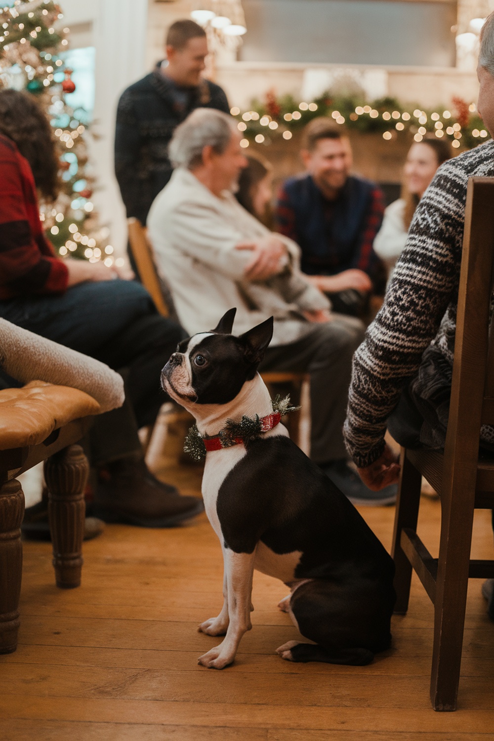 A Boston Terrier sitting attentively among family members during a gathering.