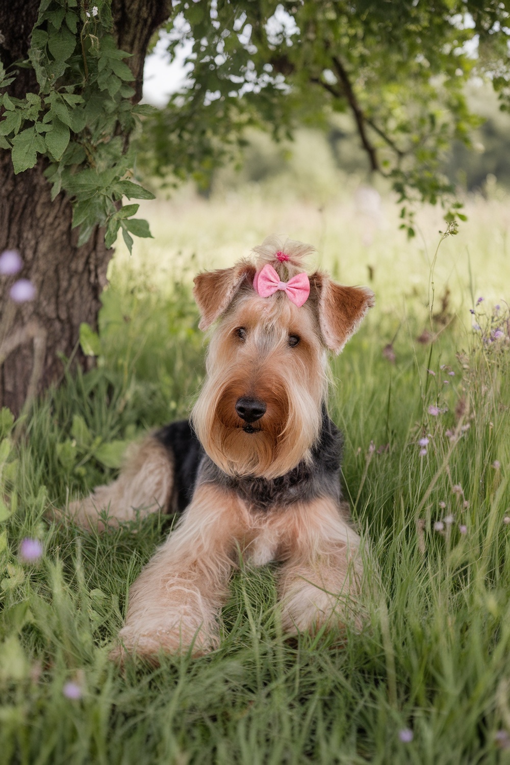 Airedale Terrier with a soft feathered look and a pink bow, lying in grass