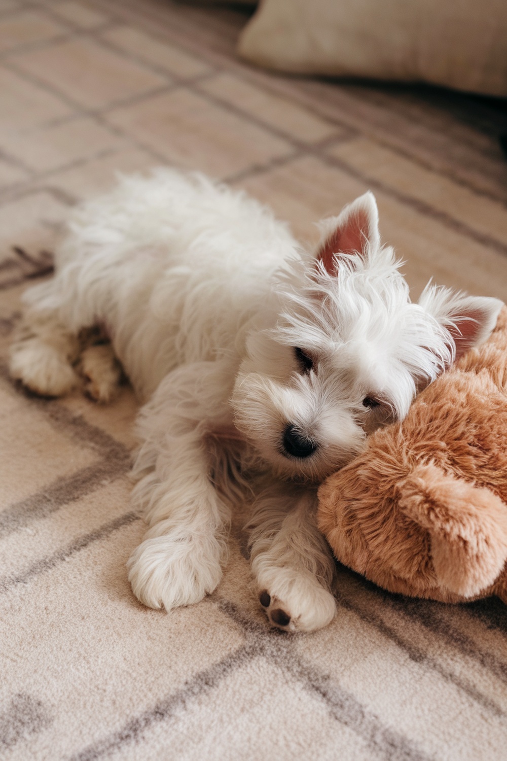 A Westie puppy lying next to a stuffed animal on a rug.