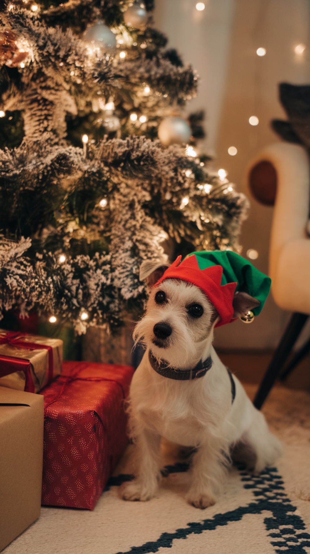 A terrier dog wearing a cute elf hat in front of a Christmas tree with presents.