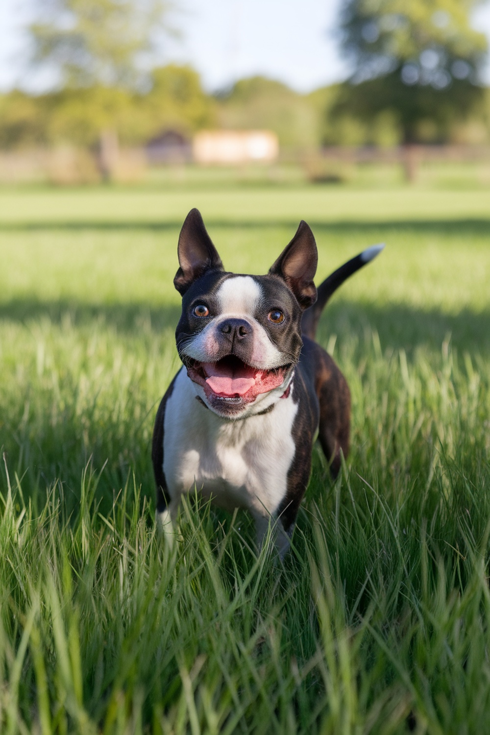 A happy Boston Terrier standing in a grassy field.