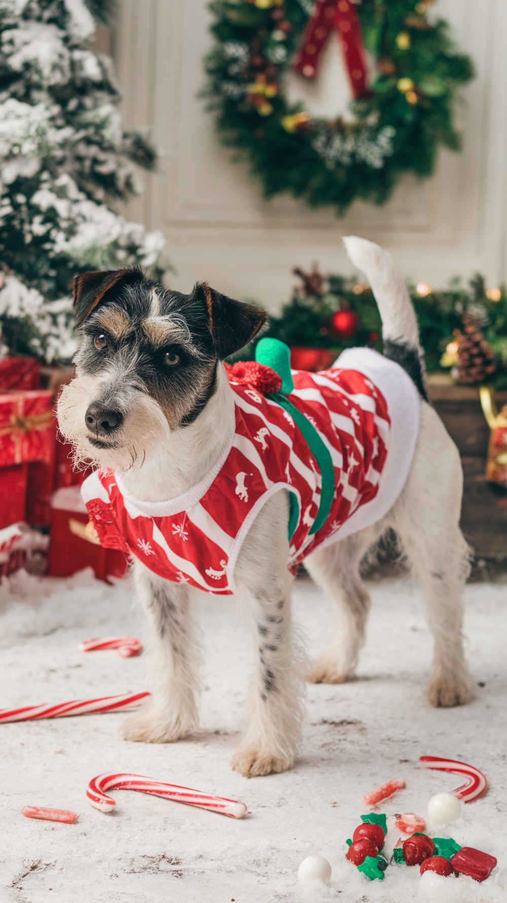 A terrier dog wearing a red and white candy cane themed Christmas costume, surrounded by holiday decorations.