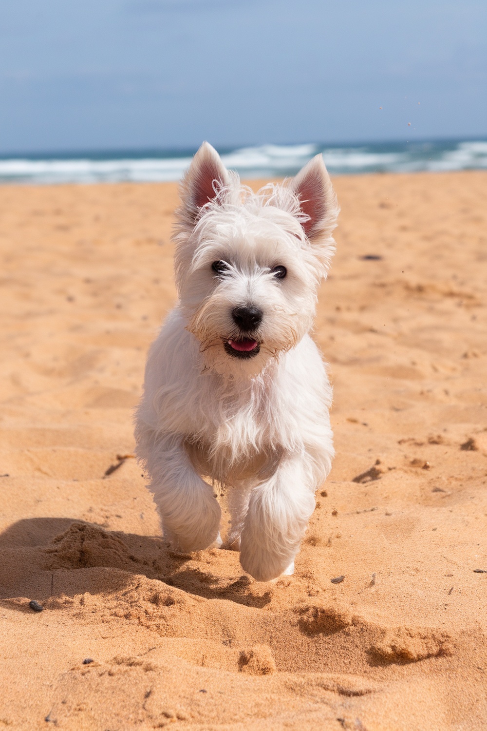A Westie puppy running joyfully on the beach, with fluffy white fur and a bright smile.