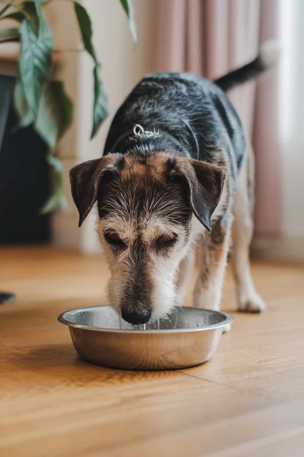 A terrier mix dog drinking water from a metal bowl.