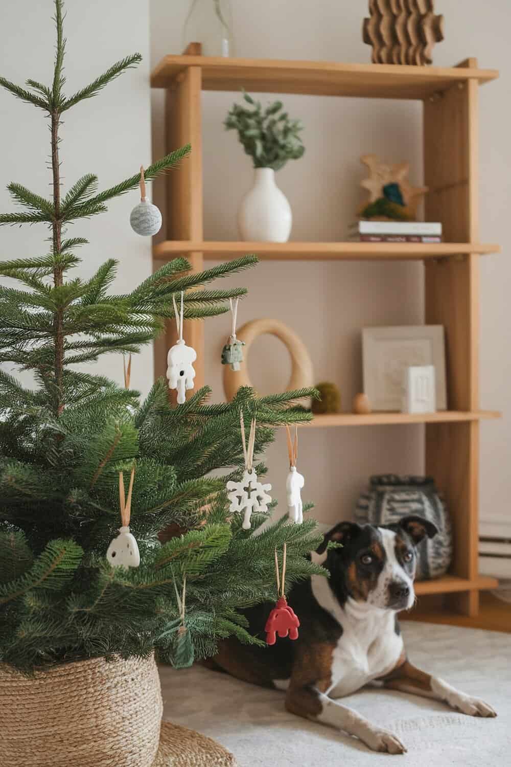 A small Christmas tree decorated with safe ornaments and a dog lying nearby.