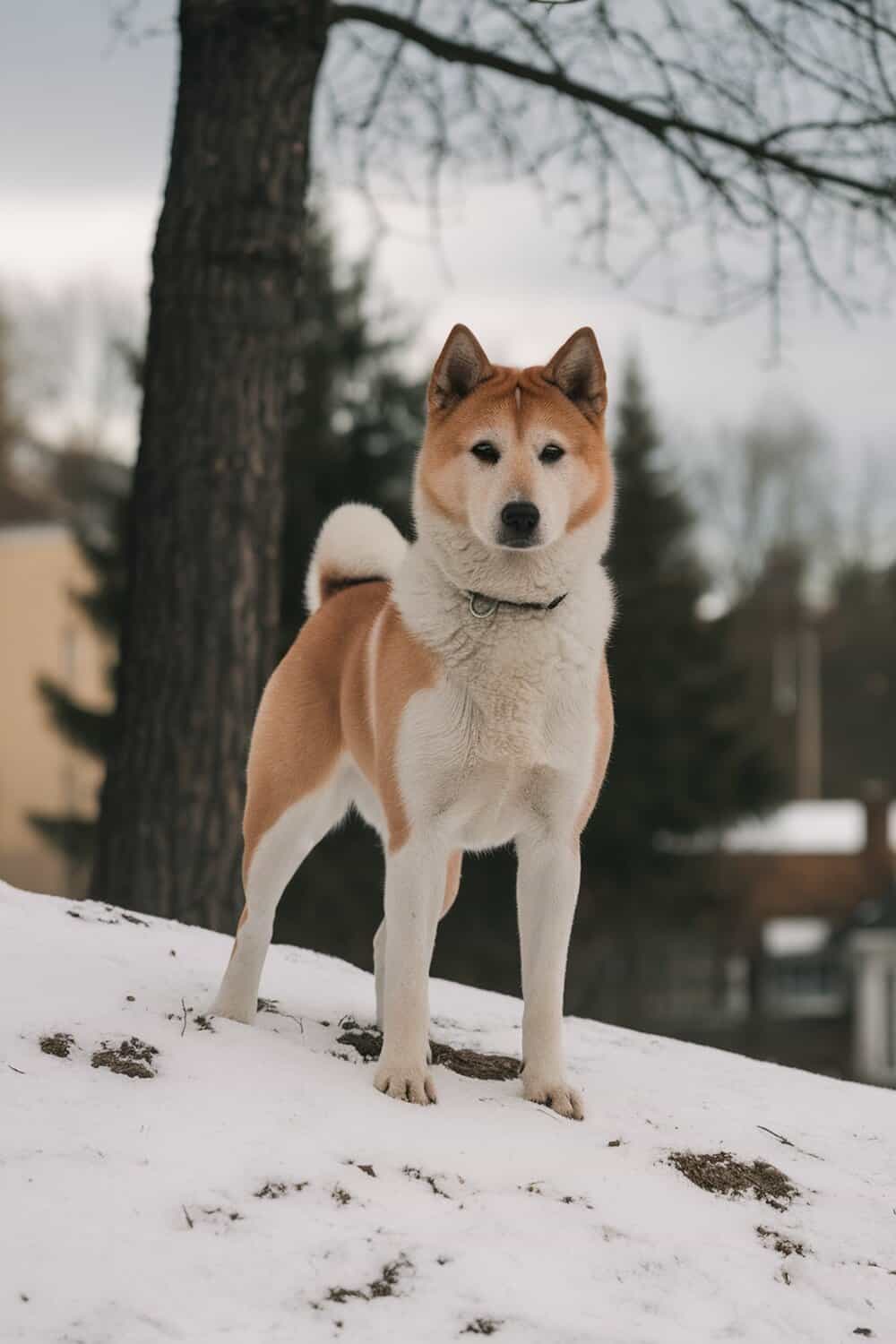 A beautiful Akita standing on snow with a tree in the background.