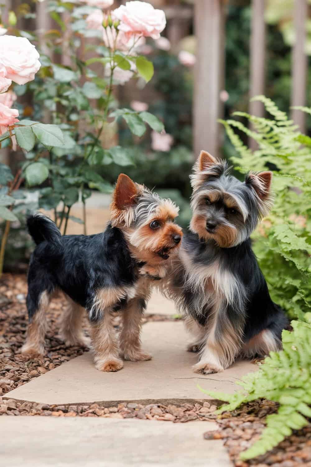 Two Yorkshire Terriers interacting in a garden setting.