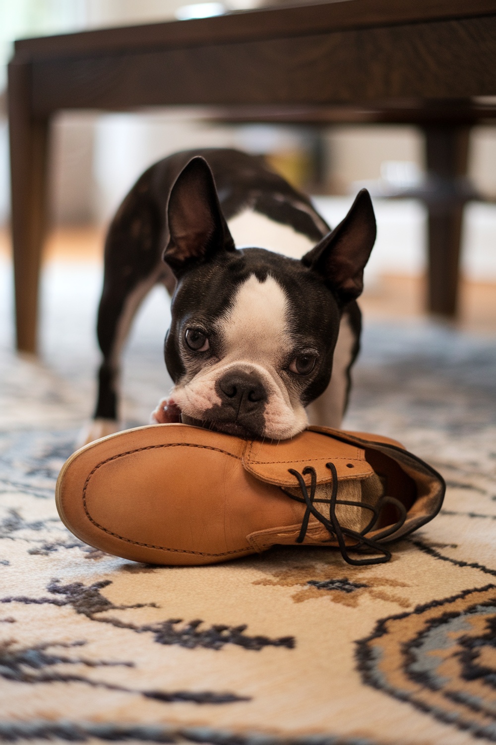 A Boston Terrier playfully chewing on a shoe, looking innocent.