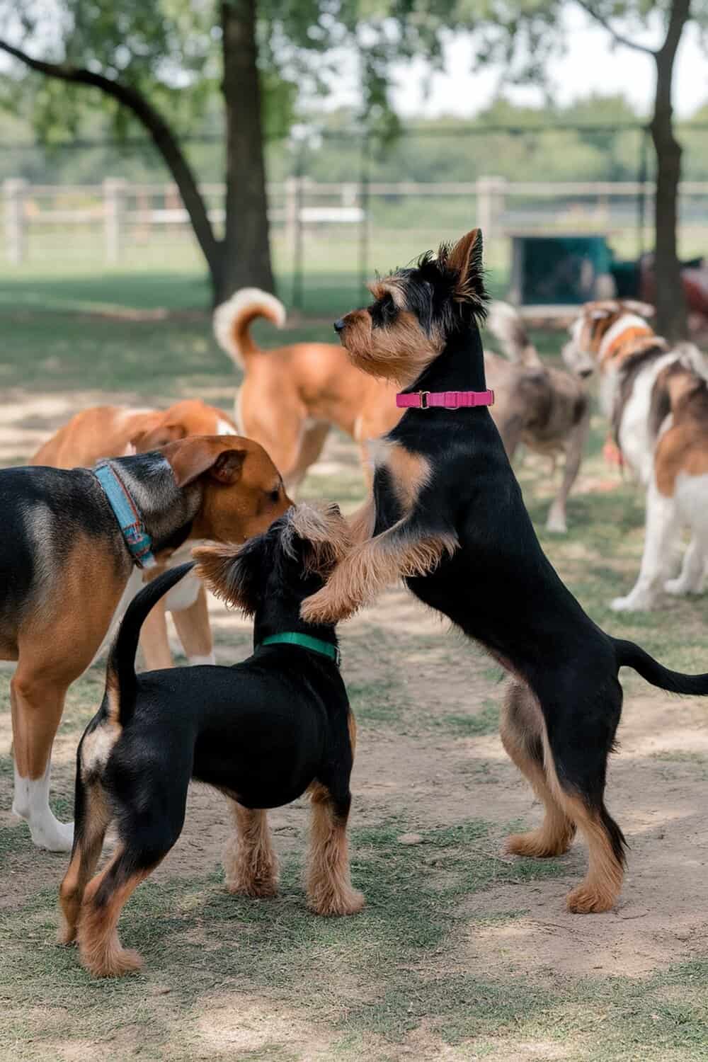 Two Yorkies interacting in a dog park with other dogs in the background.