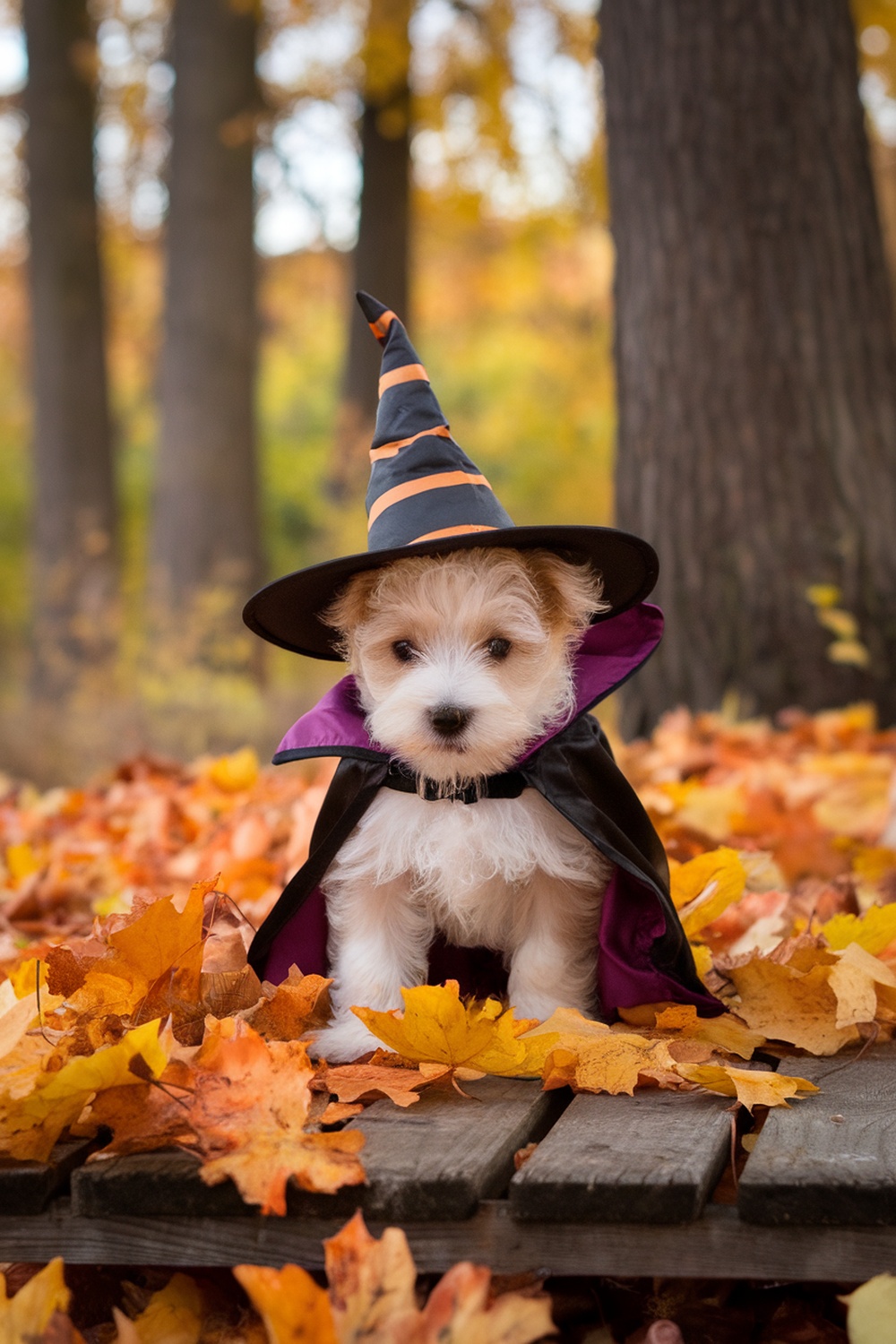 Westie puppy in a witch costume sitting on wooden planks surrounded by autumn leaves.