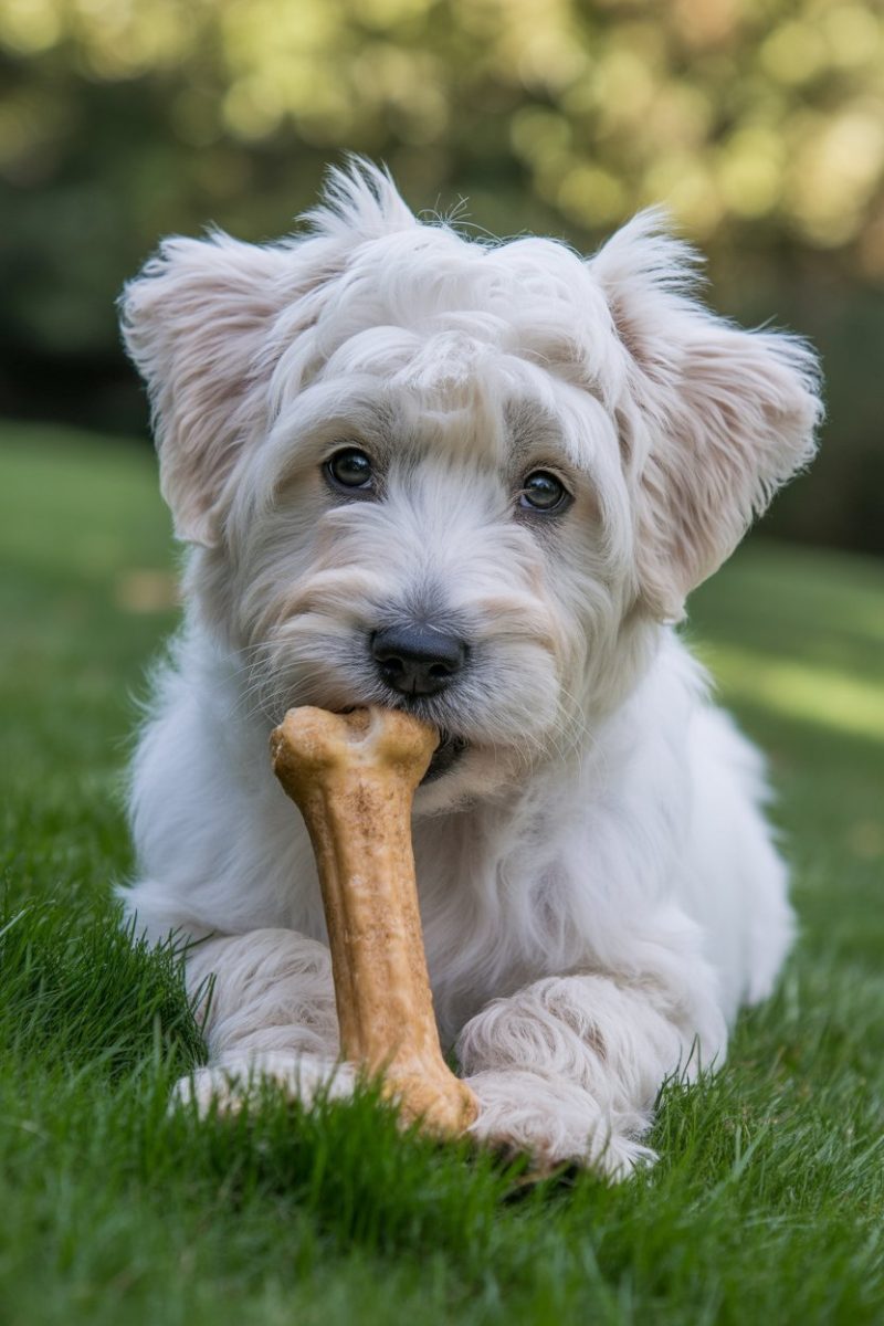 A West Highland Terrier puppy lying on green grass, holding a large light brown bone in its mouth.