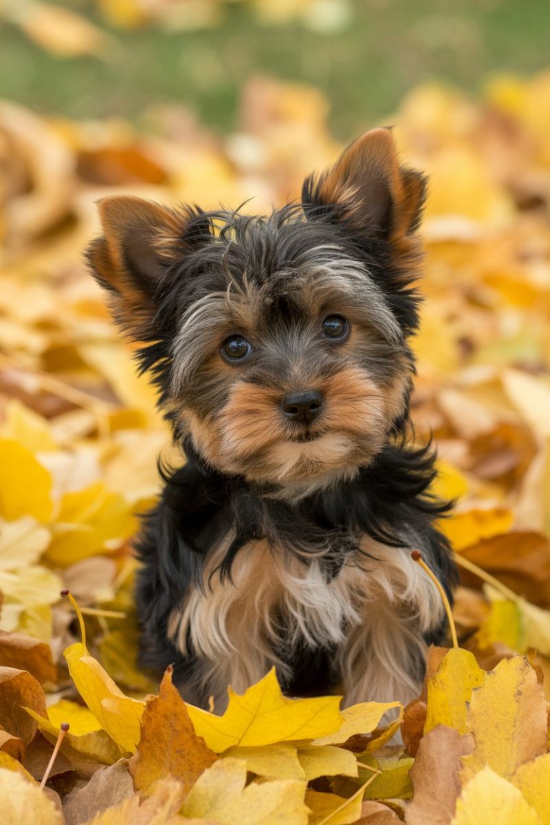 A Yorkshire Terrier puppy sitting among fallen autumn leaves.