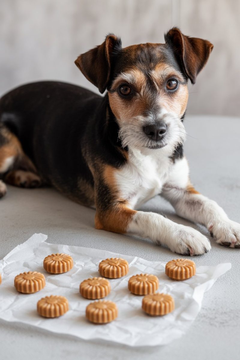 A small terrier dog with black, brown, and white fur lying on a light gray surface with several small, round, caramel-colored dog treats arranged on white paper.