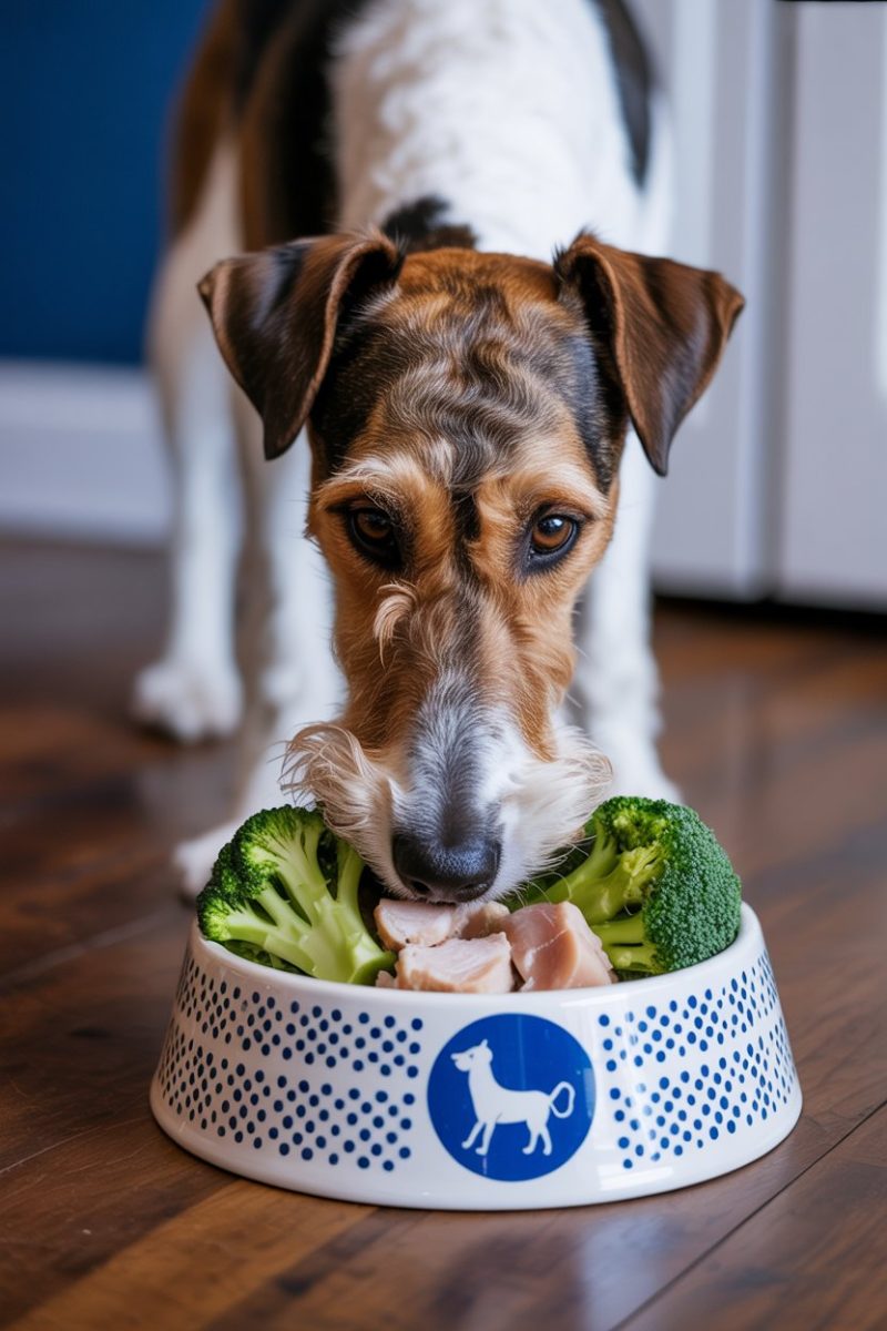 A Wire Fox Terrier dog eating Chicken and Broccoli from a blue and white dog bowl.