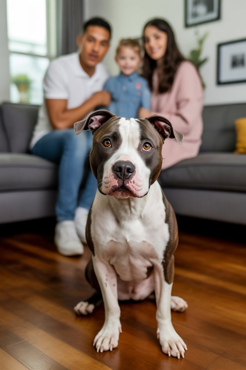 An American Pit Bull Terrier sitting on a polished hardwood floor.